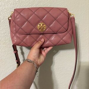 Tory Burch Rose Quilted Leather Crossbody with Gold Logo